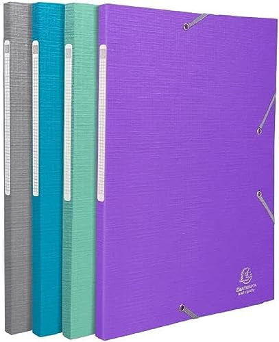Exacompta - Ref. 55650E - set med 4 x 32 cm för A4 maxi luckor elastiska mappar med Teksto belagda kort - mått 24 x 32 cm för A4 maxi - blandade färger, grå, turkos, vattengrön, lila