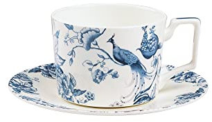 fanquare Set di Tazze da Tè e Piattini in Porcellana d'osso da 250 ml per 1 Persona, Tazze da Caffè e Piatti in Bianco e Blu, Tazza da Tè in Porcellana Floreale Britannica per Donne