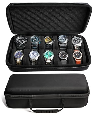 MATGEUT Watch travel Case -Hard Travel Watch Travel Case, hard watch box Storage Organizer and Display fit large&small watches (black lining, 10 slots)