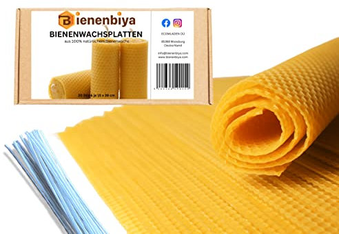 100% Reine Bienenwachsplatten (18 STK. - 19,5x39,5 cm) 1.4 kg, Zander Mittelwände, Kerzenherstellung und zum Basteln, 18 Bienenwachsplatten aus natürlichem Bienenwachs
