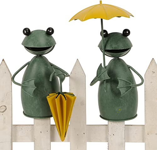 B2S BACK2SEASON Zaunfigur Frosch mit Schirm Eisen Frösche Paar Zaundeko Zaunhocker H=20 cm & 21,5 cm 2 er Set