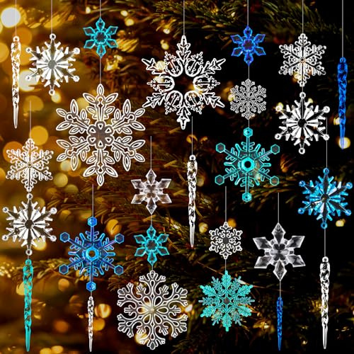 YUJUN 56PCS Christmas Snowflakes Crystal Decorations Winter Blue Snowflakes Christmas Tree Icicle Drops Ornaments Hanging Chandelier Pendants Beads for Xmas Winter New Year Wedding Party Decor