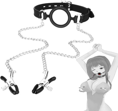 PUTISHU O Ring Mouth Gag with Nipple Clamps Silicone Mouth Open Toggle Adjustable Nipple Clamps with Chain Ring Gag Sex Toy for Couples Extreme Sex BDSM Games Slave Roleplay