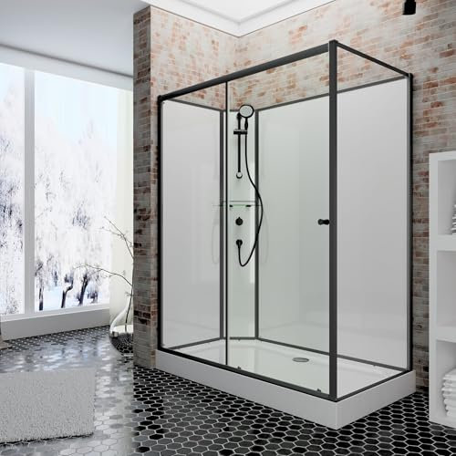 Schulte Fertigdusche Komplettdusche 120 x 90 cm Duschtempel Ibiza, 5 mm Sicherheits-Glas, Profile Mattschwarz, Duschsystem Mattschwarz, Rückwände weiß, Duschwanne weiß