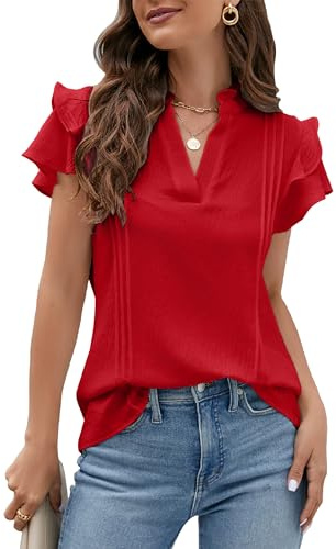 Blooming Jelly Womens Dressy Casual Tops Ruffle Short Sleeve V Neck Shirts Elegant Business Work Blouse(Large, Red)