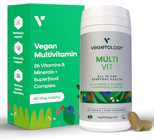 Vegetology Vegan Multivitamin Tablets for Women and Men, 26 Chelated Vitamins and Minerals with Iron, Vitamin B12, D3 and K2, Metabolic, Brain, Immune Support, 60 Tablets, 2 Months Supply, Ages 11+