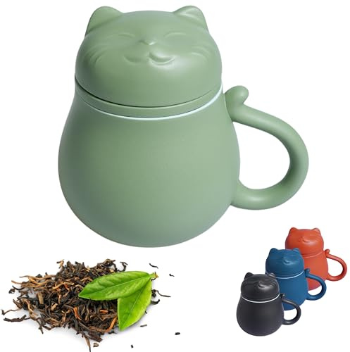Kicura Keramik-Teetasse 400 ml mit Deckel und Sieb, Katzen-Design, für losen Tee und Kräutertee (Grün)