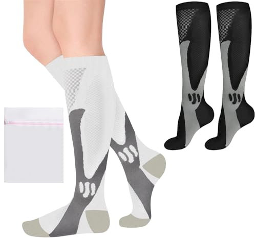 ACWOO Calze a Compressione per Donne e Uomo, 2 Paia Elastici Compressione Graduata Calzino, Calzini Atletici e Medici per Calcio, Corsa, Giri in Bici, Gravidanza, Viaggi in Aereo, 15-20 mmHg