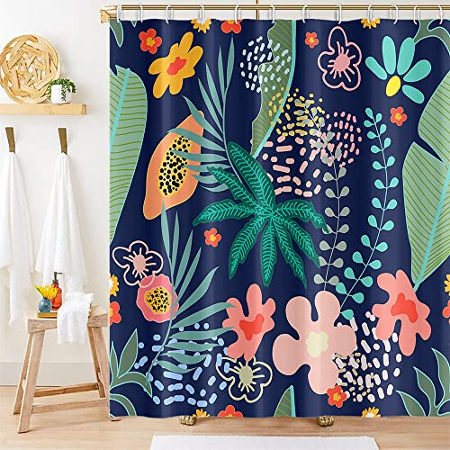JUZGTSIT Cortinas de ducha de hojas tropicales, telón de fondo azul marino, plantas de hojas verdes, cortinas de ducha florales, decoración de baño, juegos de tela de poliéster con 12 ganchos, 72 x 72