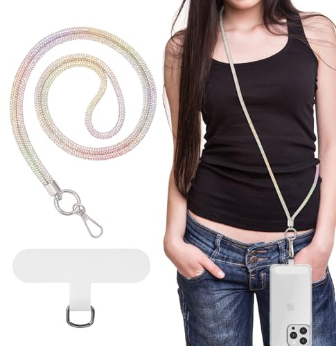 MoKo Universal Teléfono Lanyard,Cadena de metal del teléfono celular de la correa de Crossbody antirrobo desmontable mujeres teléfono celular cordones alrededor del cuello para el iPhone,Cristal Plata