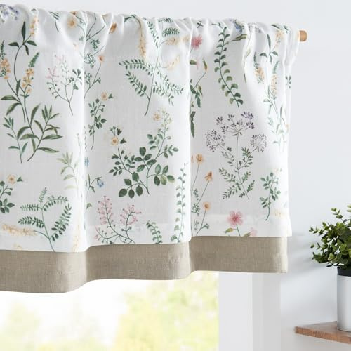 TOPICK Leinen Scheibengardinen Blickdicht Küchengardinen Grün Frühling Landhausstil Gardinen Verdunkelnd Vorhänge Kurz Bistrogardine Volant Wohnzimmer Fenster 1er Pack Grün auf weiß 40Bx125H(cm)