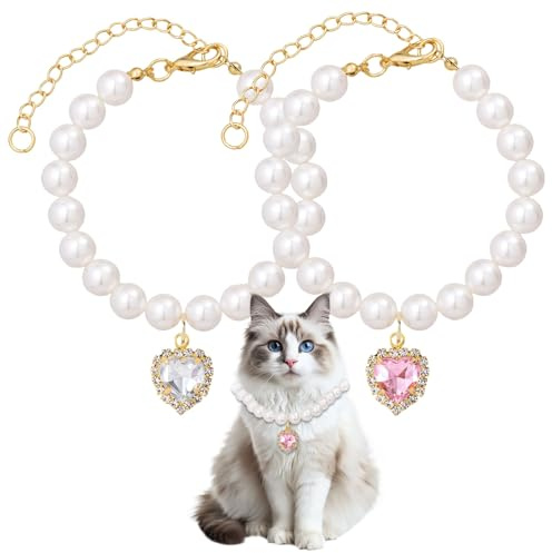 Cosmeria Verstellbare Perlen Haustierhalsband mit Herzförmigen Strasssteinen, 2 Farben, Elegantes Design für Kleine Katzen und Hunde