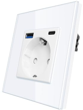 CNBINGO Schuko Steckdose mit USB A und Typ C Port, Einzel Wandsteckdose Unterputz, 16Amp Glas Steckdosen, Weiß