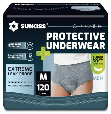SUNKISS Inkontinenz Pants Männer, Grau, Größe M, 120 Stück 4er Pack | Tagsüber Einweg Windelhosen für Erwachsene, Herren Windeln mit Maximaler Saugfähigkeit für Zuverlässige Absorption