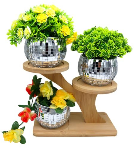 Lot de 3 Boule a Facette Pot de Fleur avec Bambou Stand,Boule a Facette Vase,Disco Pot de Fleur,Disco Cache Pot,Disco Plante,Bol Disco,Argenté Mosaique Miroir Disco Jardiniere pour Cactus Succulent