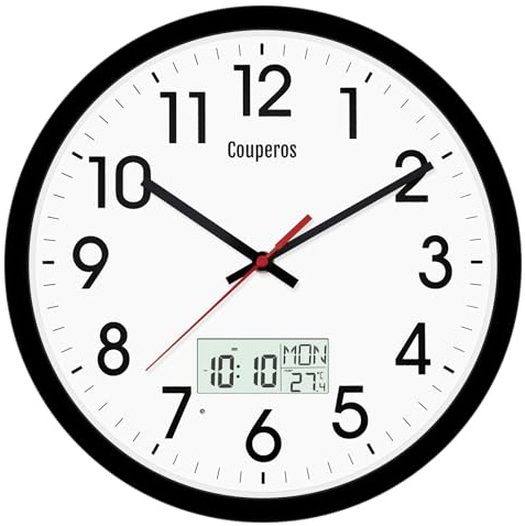 Couperos 30cm Digitale Wanduhr mit beleuchtetem LCD-Anzeige Temperatur, Woche, schaltbare Zeit und ewiger Kalender, Ohne Tickgeräusche, Moderne Analog Uhr für Küche Schlafzimmer Büro (Schwarz)