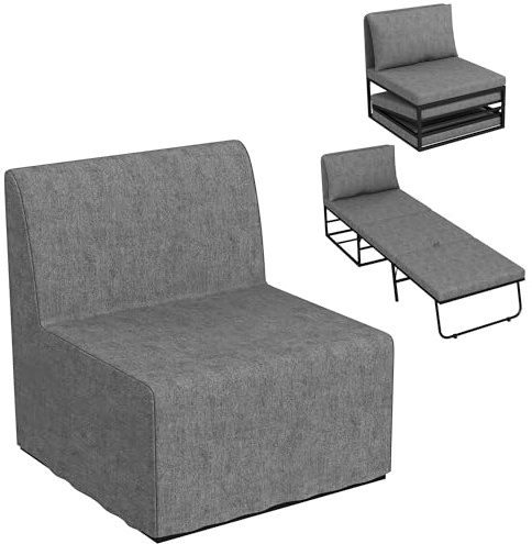 HOMCOM Schlafsessel, 1-Sitzer, 2-in-1, Klappsessel, mit Kissen und Staubschutz, Metallrahmen, 1-Sitzer-Sofa für Gäste, Wohnzimmer, Büro, Grau