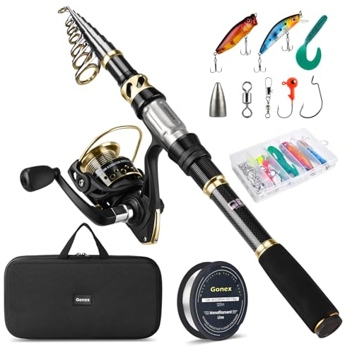 Gonex Canna da Pesca e Mulinello Combo Set di Canne Telescopica con Lenza, Kit di Esche da Pesca e Borsa per Il Trasporto, 2,1