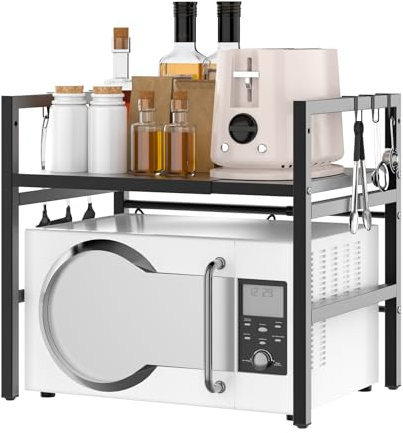 VickyHome 2-Stufig Mikrowellen Regal Küchenregal, Arbeitsplatte Küche Regal Küche Küchenaufbewahrung Einheit für Mikrowelle, Höhen & Längenverstellbare Ablage, 6 Haken, Schwarz