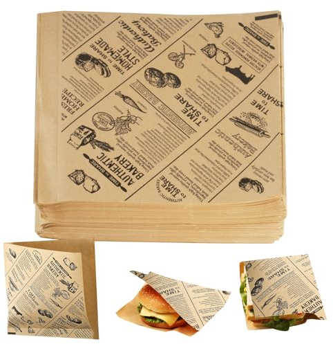 XhjzgcTech 200 st papperspåsar för hamburgare, smörgås, kebab, hotdog, pommes frites, tidningsoptik, mångsidig, olje- och vattentålig, 15 x 15 cm