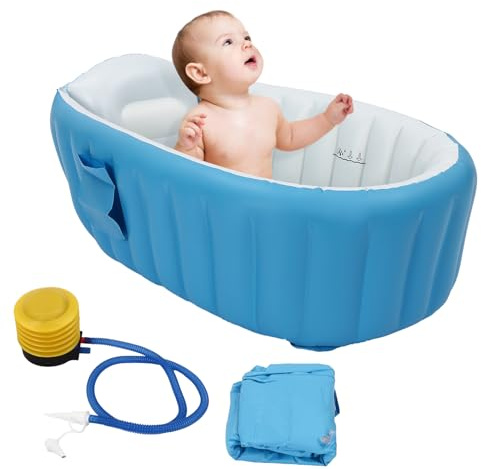 Aufblasbare Badewanne, Babybadewanne mit Aufblasbare Pumpe & Reparatursatz, PVC Kinderbadewanne, Babywanne Faltbar für Baby Neugeborene con 0-3 Jahre alt (Blau)