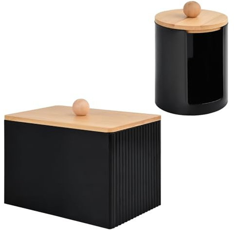 Ziyonix 3 Pezzi Scatola di Cotone Organizzatore ​con Coperchio, Porta Dischetti Struccanti, Porta Cotton Fioc Dispenser Bagno Bathroom Organizer per Bagno, Toletta, Soggiorno (Nero)