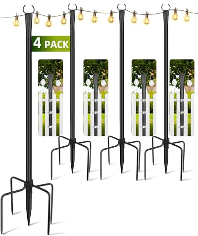 LRYXEG String Light Poles for Outside 4 Pack, 10ft Metal Outdoor String Light Poles for Deck - Ideal for Patio, Garden, Yard, Front Porch Decorations, Black