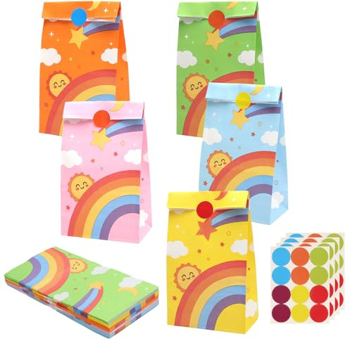 KQDRAVINE 50 Stück Geschenktüten Kindergeburtstag, Papiertüten Bunt mit 48 Aufkleber, Regenbogen Candy Mitgebsel Tüten Gift Bags für Geburtstage Hochzeiten Taufen Halloween Weihnachten (22x12x7cm)
