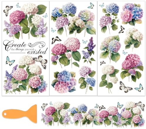 OLYCRAFT 3 st/set hortensia gnugga på överföringar för möbler och hantverk 15 x 30 cm fjäril möbeldekaler dekor lila blomma överföringsklistermärken med 1 st skrapa för klippbok fönster gör-det-själv