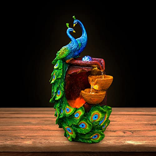 Peacock Tabletop Fountain, 21 Art Decorative Animal Statue Bonsai Waterfall Fountain, Elegant Indoor Water Fountains with LED Crystal Ball, for Meditation, Good Luck, Fortune