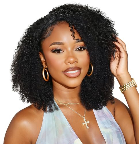 Half Wig Human Hair 200 Densité Kinky Curly 3 In 1 Seamless Flip Over Perruque Femme Naturelle 16 Inch Brésilien Glueless Wigs Human Hair with Drawstring Beginner Friendly Headband Wig for Women