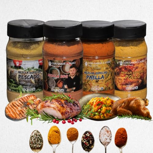 CON SABOR A HUMO, Pack de Especias Artesanales, 750g, 4 Mezclas para BBQ, Pescado, Pollo y Paella, 3 Tarros de 170g y 1 Tarro de 200g