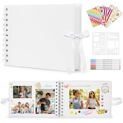 DazSpirit A5 Fotoalbum zum Selbstgestalten, 40 weiße Seiten, Scrapbook | 20 Blatt/40 Seiten, inklusive 6 Metallic-Stiften und 8 Foto-Stickern, für Hochzeit, Reise, Baby und Geburtstag