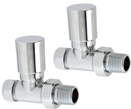 NRG Straight Manual Round Head Chrome Towel Rail Radiator Valves 1 Pair | Central Heating Tap, Brass, Heated Towel Rails Radiator Valve, 15mm Inlet, 5 Year Gurantee, Modern Design