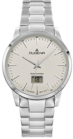 Dugena Herren-Armbanduhr Momentum, Funkuhrwerk, digitales Datum, Edelstahlgehäuse, Saphirglas, Edelstahlarmband, Faltschließe, 5 bar (weiß)