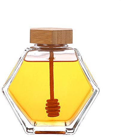 1 barattolo per miele da 380 ml, in vetro trasparente, a forma esagonale, con coperchio in legno e tappo in sughero, vuoto, ricaricabile, per la casa e la cucina