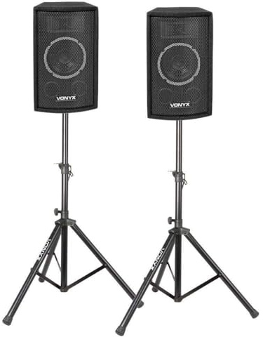 Vonyx SL6 Lautsprecherset 500 Watt – 2 x 6″ Passiv Boxen Bass-Reflex mit 12 cm Woofer & Piezohorn, inkl. 2X Lautsprecher Stativ (1.20-1.75m) + Kabel & Tragetasche, 35 mm Tophat, PA Party Speaker Set