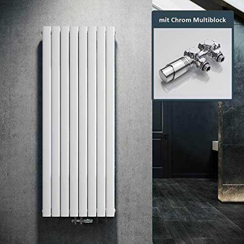 ELEGANT Radiatore di design piatto, 1600 x 616 mm, con termostato cromato multiblocco, colore bianco, doppio strato, verticale, collegamento centrale