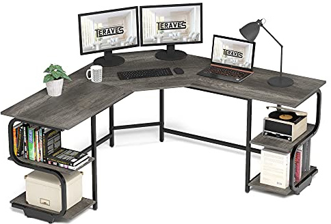 Teraves Modern L Shaped Desk with Shelves,64.84 Gaming Computer Desk for Home Office,Corner Desk with Desktop (Black Oak+Black Frame, Large+4 Tier Shelves)