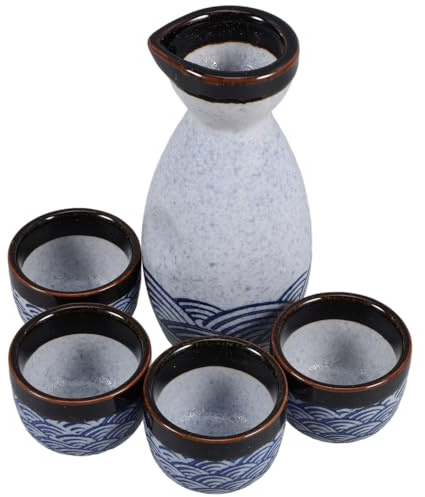 DOITOOL 5Pcs Japanese Sake Set - Traditional Ceramic Saki Cups and Pot - 180ml Bottle 35ml Glasses - Blue Wave Texture Rice Wine Dinnerware for Hot Cold Drinking Home Dining Table Bar Entertainment