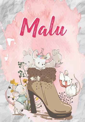 Malu: Notizbuch A5 | Personalisierter vorname Malu | Geburtstagsgeschenk für Frau, Mutter, Schwester, Tochter | Niedliche Mäuse im Stiefel | 120 Seiten liniert, Kleinformat A5 (14,8 x 21 cm)