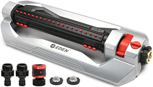 Eden 96216 Robuster 3-Wege-Oszillierender Sprinkler aus Metall für großen Rasen und Garten mit Quick Connect Starterset