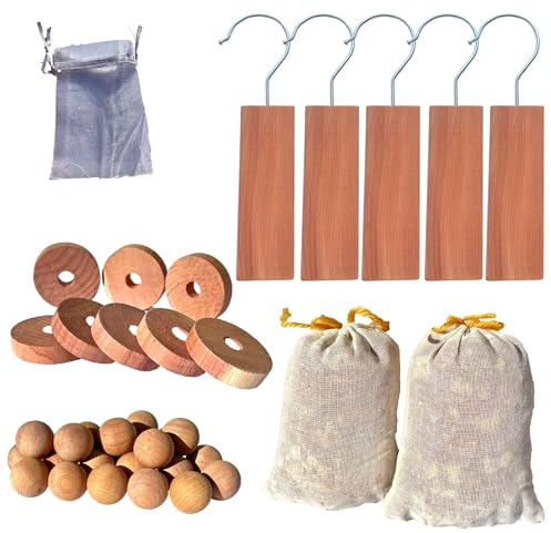 SPARIL Antitarme per Armadi e Vestiti Legno Naturale Palline e Anelli 47pz | Cedro rosso, profumo gradevole | Kit completo, più formati | Facile da posizionare ovunque | Cassetti, armadio, guardaroba