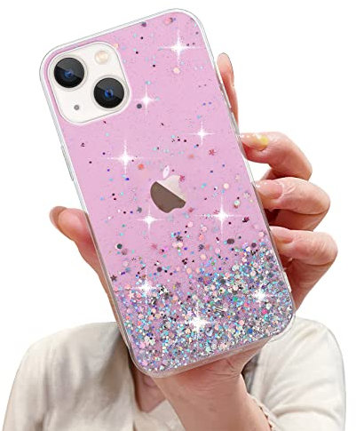 LCHULLE Custodia Glitter Compatibile con iPhone 14(6.1 Pollici) Cover Trasparente Ragazza Custodia Glitter Clear Case TPU Bumper Silicone Cover per iPhone 14 Rosa