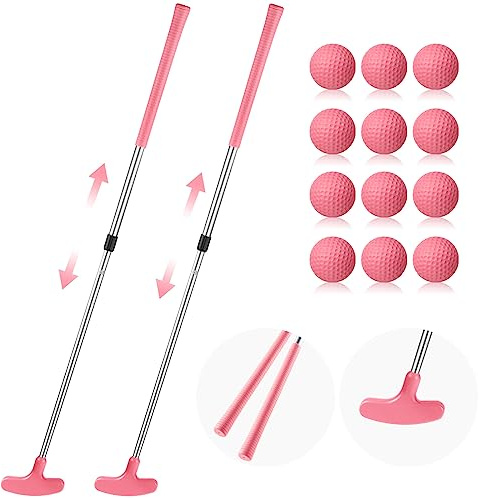 Libima 2 Pack Pink Golf Putter Kids Two Way Adjustable Golf Putter with 12 Pink PU Balls for Kids Ages 3-5 6-8 9-12 Junior Girls Women Beginners Indoor Outdoor Green Mat Practice Home
