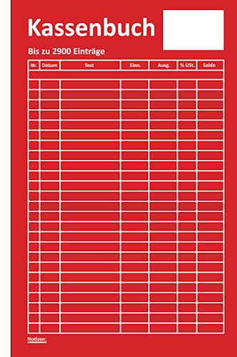 Kassenbuch mit Umsatzsteuer: Für Selbstständige, Händler und Vereine (für bis zu 2900 Einträge auf 120 Seiten, ca. DIN A5 Format): Cover Farbe: rot/weiß