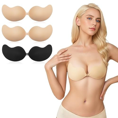 flintronic Push Up Invisible Bra for Women, 3 Pairs Women's Adhesive Bras, Reusable Backless Strapless Sticky Adhesive Bra, Strapless Push Up Bra for Party Wedding Evening Dress Beach