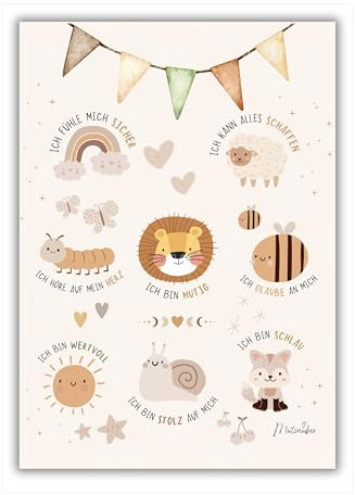 Mutzauber® Poster Affirmationsposter A3 Kinderzimmer Jungen Mädchen Bilder Motivation Poster Babyzimmer Bär Tiere Kinder Kindergarten verschiedene Motive Wandposter (A3 Beige Tiere)