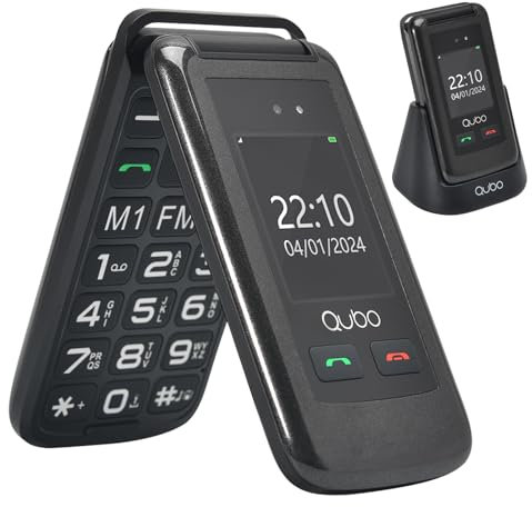 Qubo Flip Telefono per anziani GSM, Cellulare per anziani, 2.4 Display, Volume alto,Funzione SOS, Supporto Dual SIM,Chiamata rapida, Radio FM, Torcia elettrica,Base di ricarica,Nero