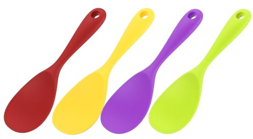 sourcing map 4pcs Rice Paddle, Silicone Rice Spoon Non Stick Rice Spatula Heat Resistant Rice Cooker Spoon,Yellow/Red/Green/Purple